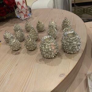 Department 56 silver plate place holders and two pillar candle holders